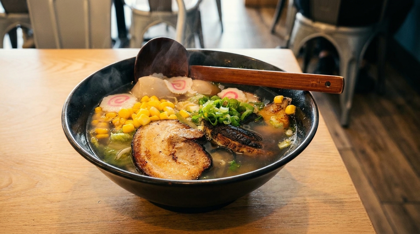 Steaming bowl of ramen with pork, corn, green onions, and fish cakes on a wooden table.