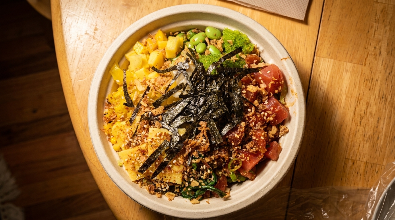 A colorful poke bowl with tuna, mango, edamame, seaweed, and crispy onions on a wooden table.