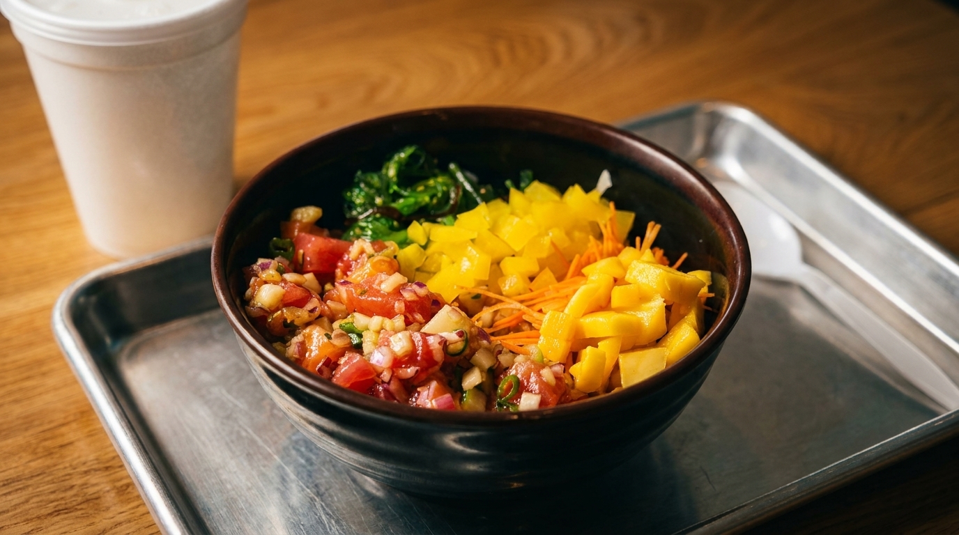 Colorful poke bowl with various toppings, a drink, and spoon on a metal tray.