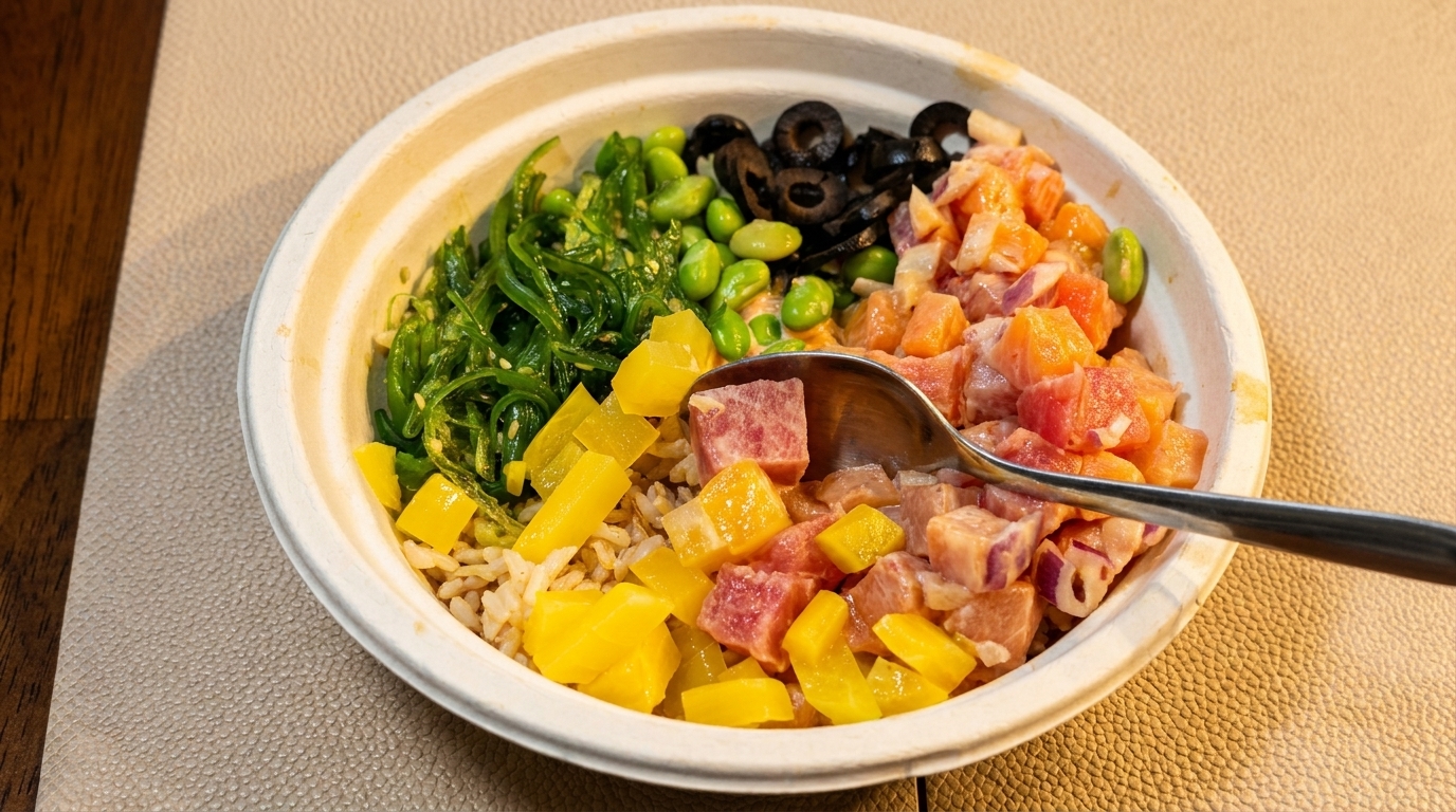 A colorful poke bowl with tuna, salmon, seaweed, edamame, olives, and mango over rice.