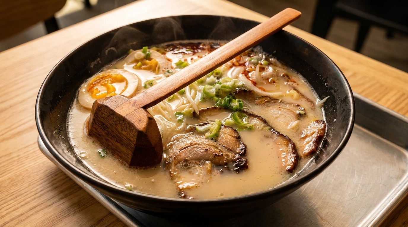A steaming bowl of ramen with pork, soft-boiled eggs, green onions, and a wooden ladle.