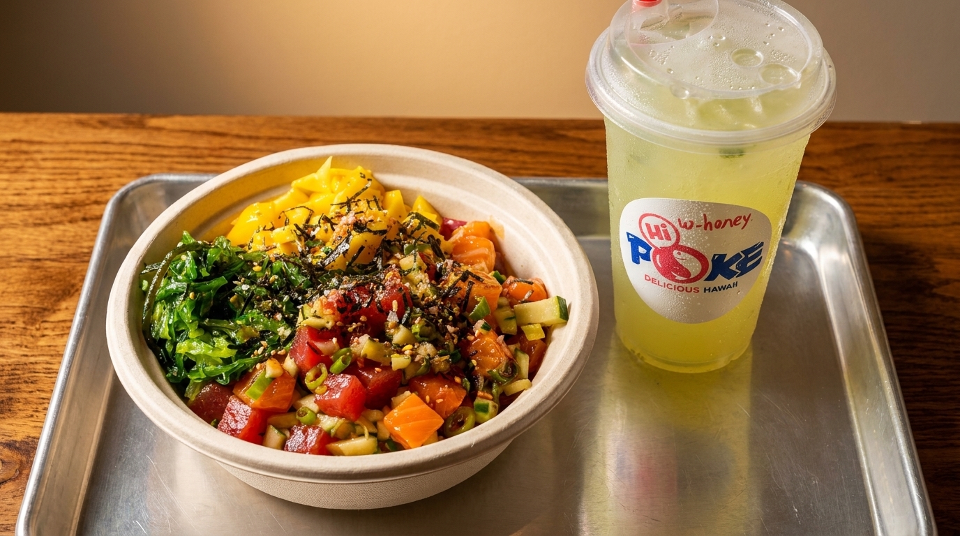A Hi-W Honey Poke bowl with tuna, salmon, seaweed, and mango, next to a branded drink.