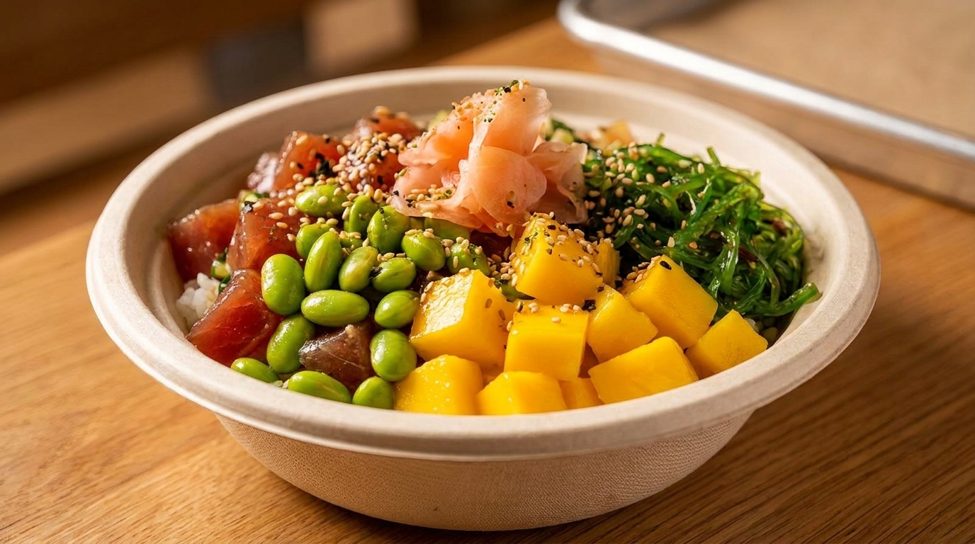 Colorful poke bowl with tuna, edamame, mango, seaweed salad, and pickled ginger.