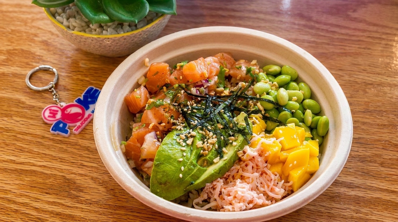 A colorful poke bowl with salmon, avocado, edamame, mango, and crab on a wooden table.
