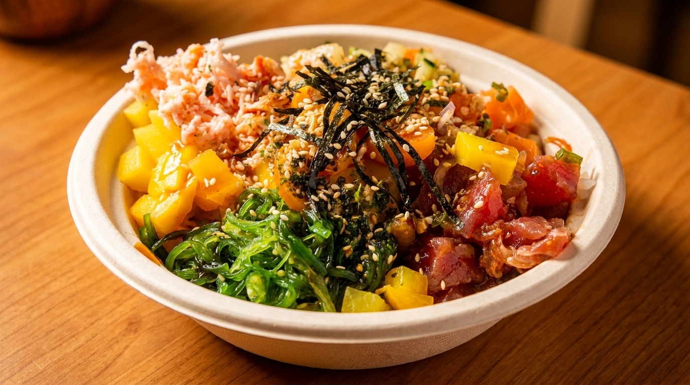 Colorful poke bowl with tuna, crab, mango, seaweed salad, and nori on a wooden table.
