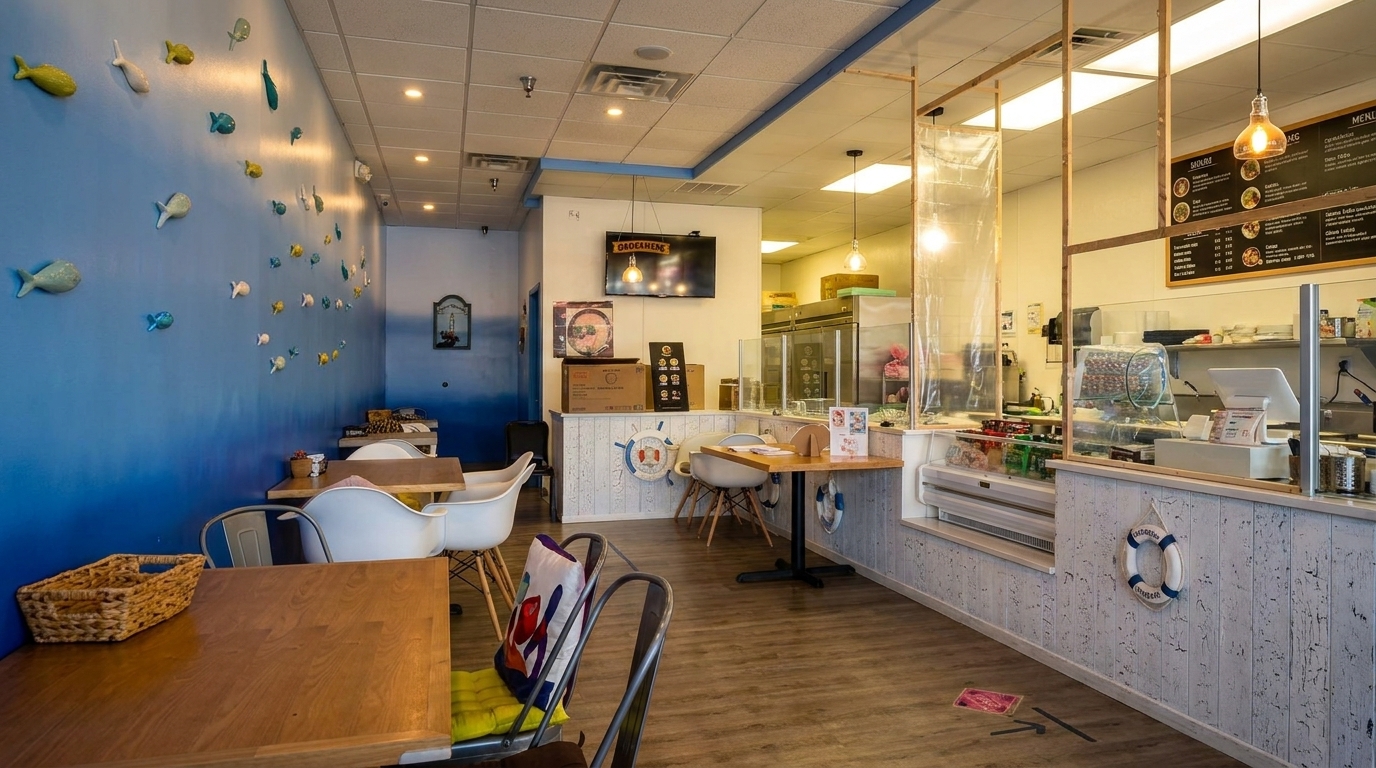 Interior of a casual restaurant with blue walls, fish decor, wooden tables, and a service counter.