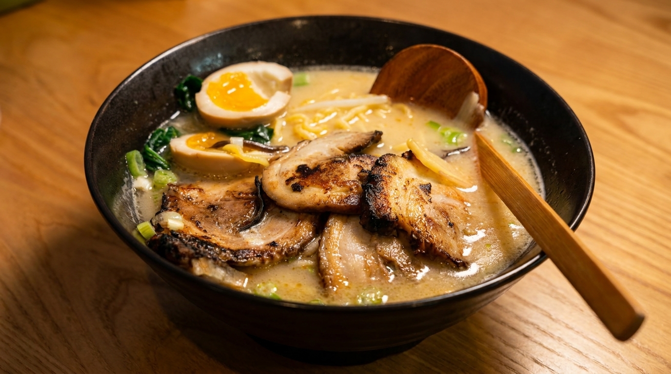 Close-up of a bowl of ramen with pork, eggs, noodles, and green onions on a wooden table.