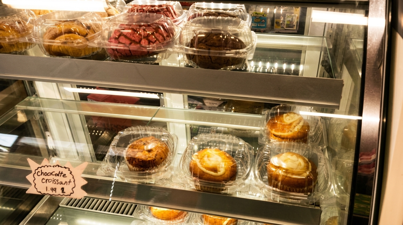 A refrigerated display case filled with various individually packaged pastries, including croissants and muffins.