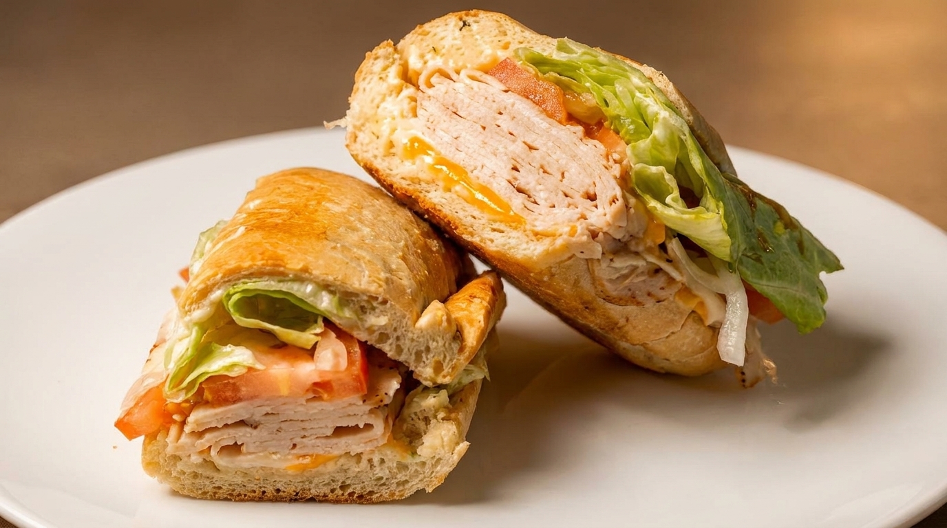 Two halves of a turkey and cheese sub sandwich with lettuce and tomato on a white plate.