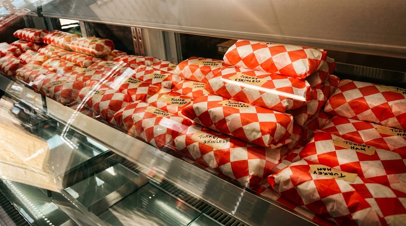 Deli display case filled with various meats wrapped in red and white checkered paper, labeled with yellow tags.