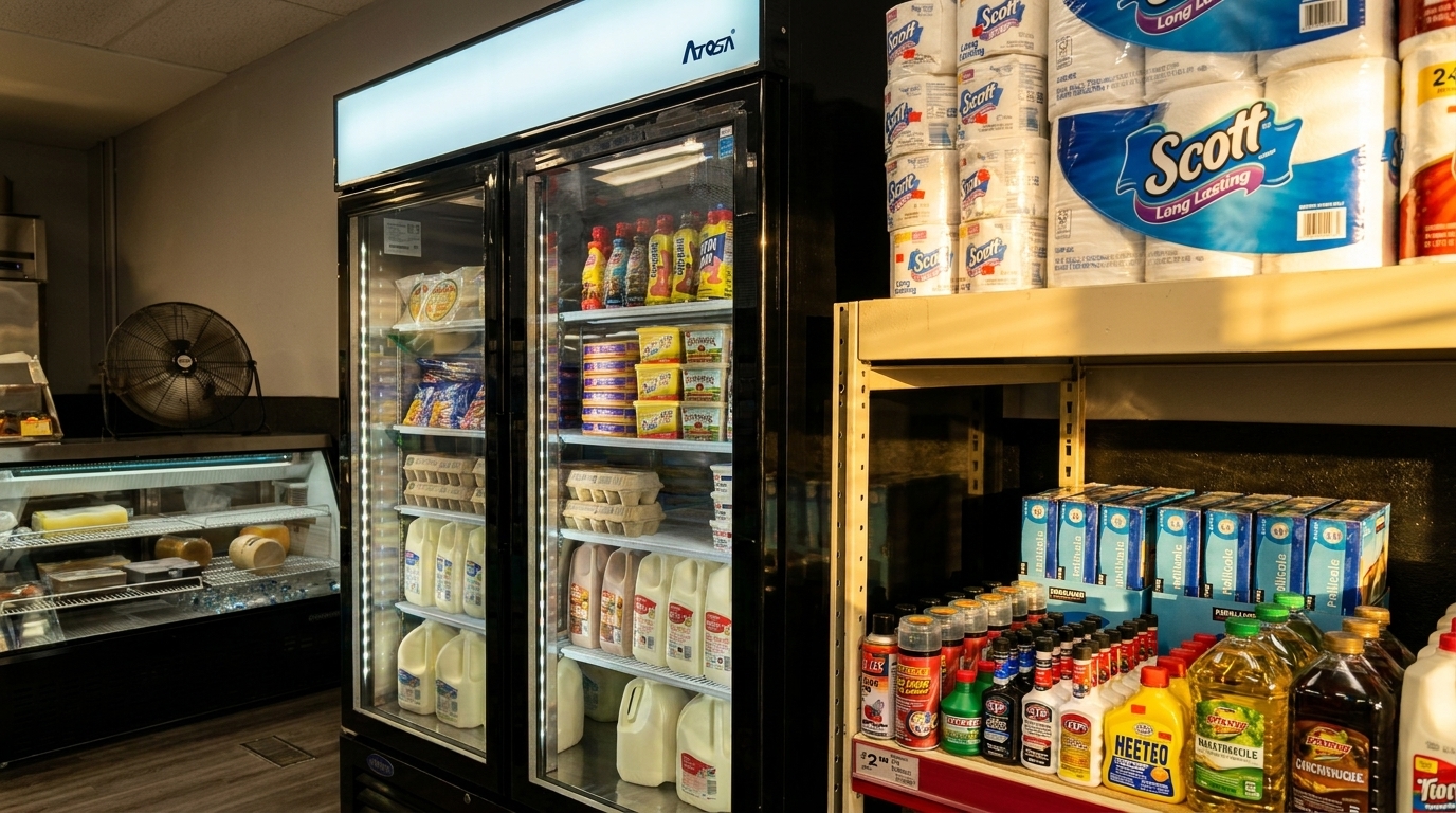 A grocery store aisle with a refrigerated display case, shelves of paper towels, and various products.