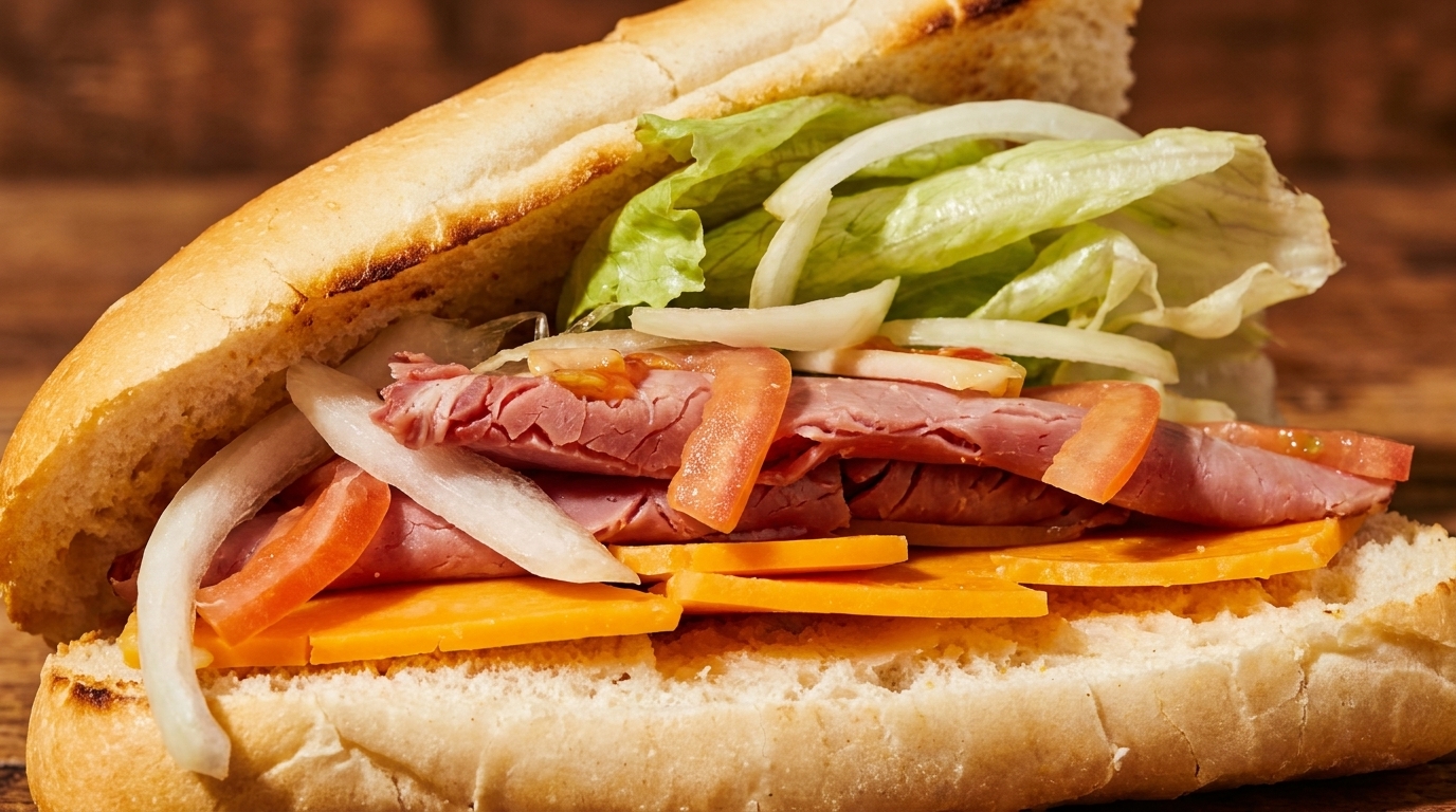 Close-up of a submarine sandwich filled with ham, cheese, lettuce, tomatoes, and onions.