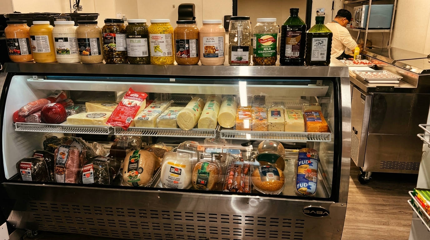Deli display case filled with cheeses and meats, with jars of sauces and a chef in the background.