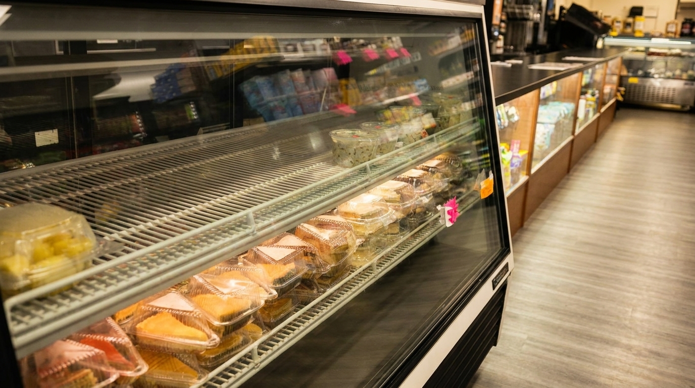 Refrigerated display case filled with packaged desserts and salads in a store.