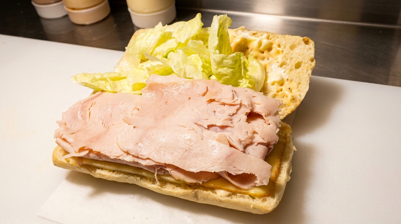 An open sandwich with ham, cheese, and lettuce on a white cutting board.