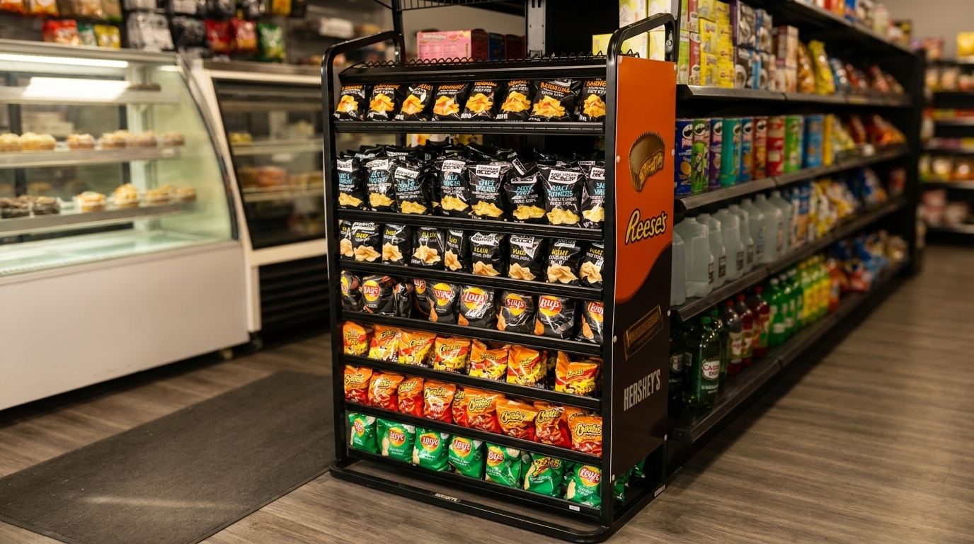 A snack display rack with chips and other items, next to a refrigerated pastry case.