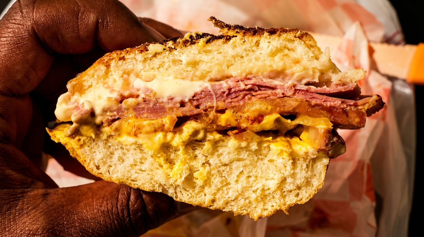 A hand holds a cross-section of a toasted sandwich filled with meat, cheese, and sauces.