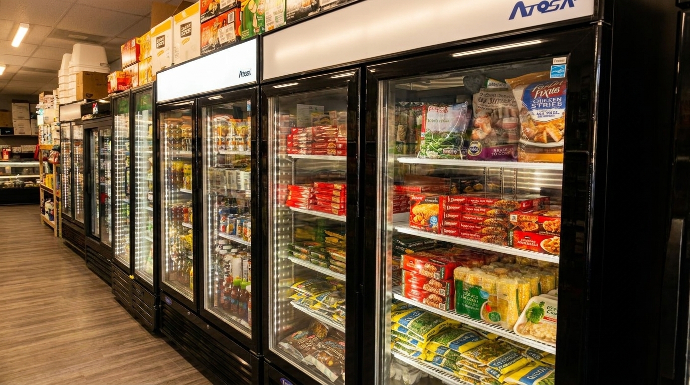 Long aisle of commercial freezers filled with various frozen foods in a grocery store.