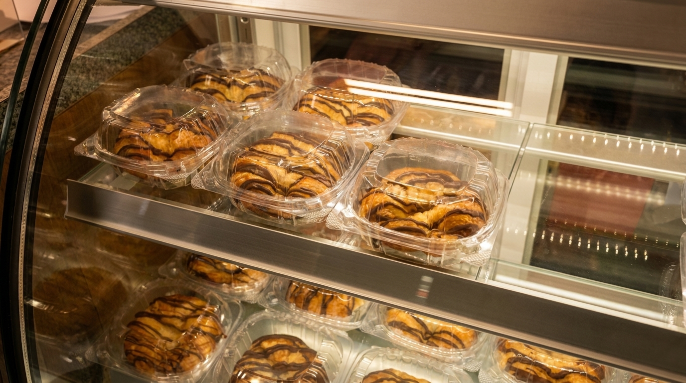 Rows of chocolate-drizzled pastries in clear plastic containers displayed in a glass bakery case.