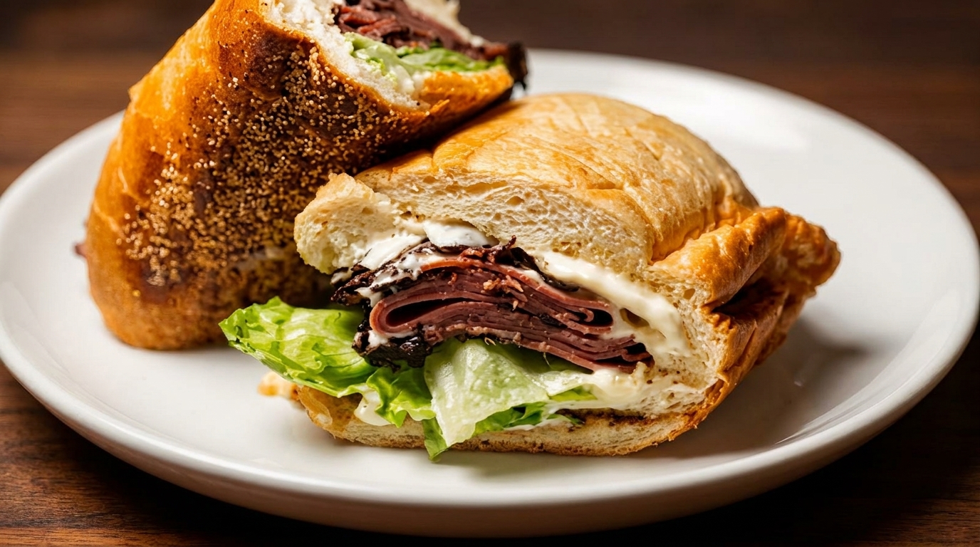 A large deli sandwich with sliced meat, lettuce, and white sauce on a white plate.