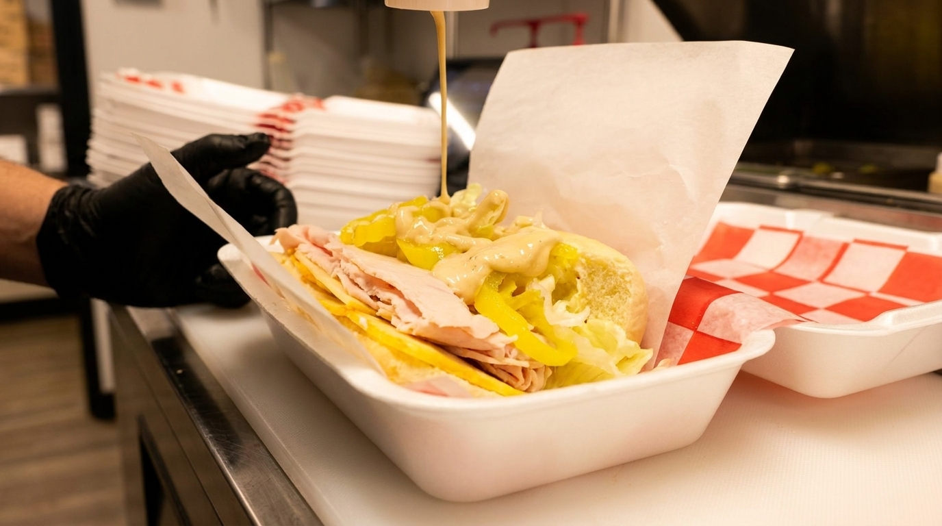 A gloved hand prepares a sub sandwich with turkey, cheese, lettuce, peppers, and sauce in a styrofoam container.