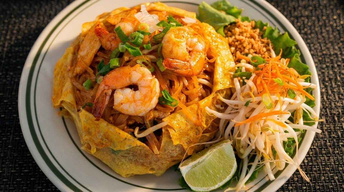 Shrimp Pad Thai with noodles, bean sprouts, carrots, peanuts, and lime on a white plate.