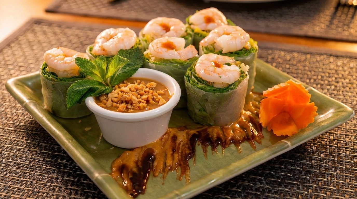 Shrimp spring rolls with peanut sauce, garnished with mint and a carved carrot on a green plate.
