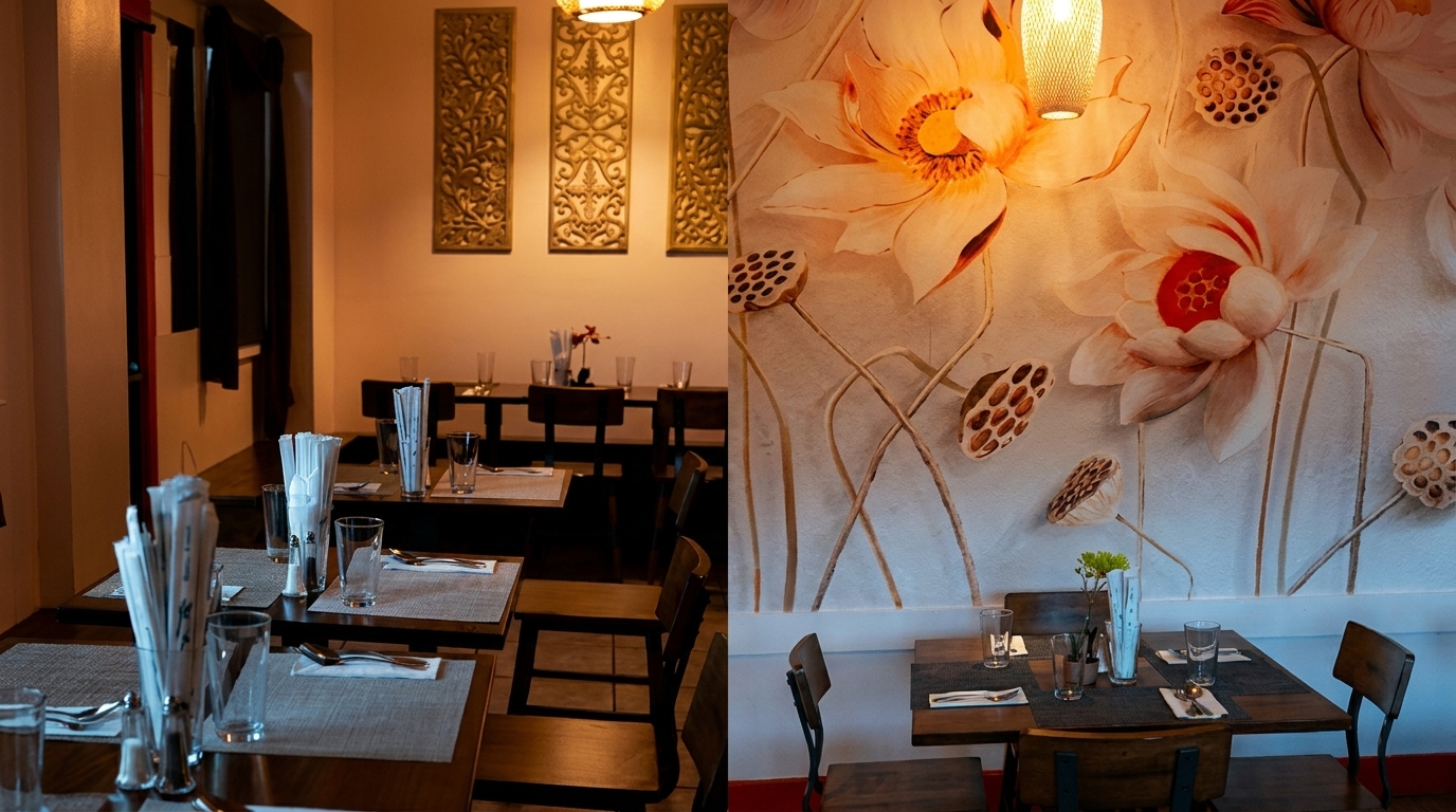 Restaurant interior with set tables, wooden chairs, and a large lotus flower mural on the wall.