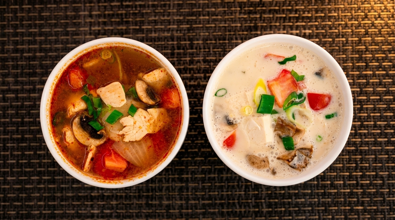 Two bowls of soup, one red with chicken and mushrooms, one creamy with tofu and vegetables.