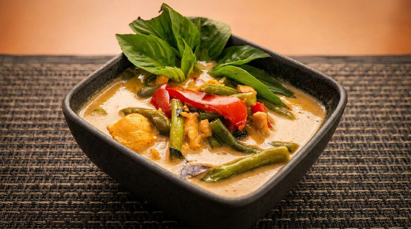 A square black bowl filled with Thai green curry, chicken, red peppers, and green beans.