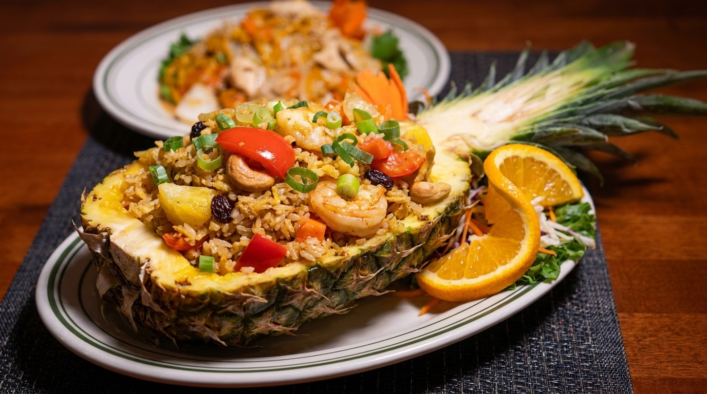 Pineapple fried rice with shrimp, cashews, and vegetables, served in a pineapple half with orange slices.
