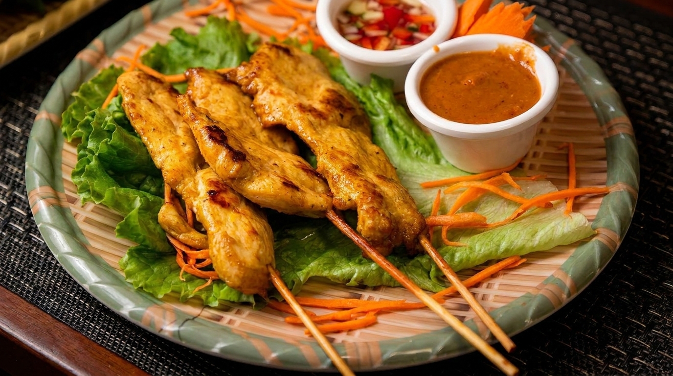 Chicken satay skewers with lettuce, shredded carrots, peanut sauce, and chili sauce on a bamboo plate.