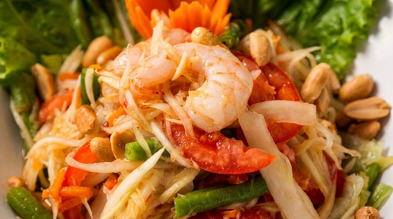Close-up of a vibrant Thai papaya salad with shrimp, peanuts, tomatoes, and green beans.