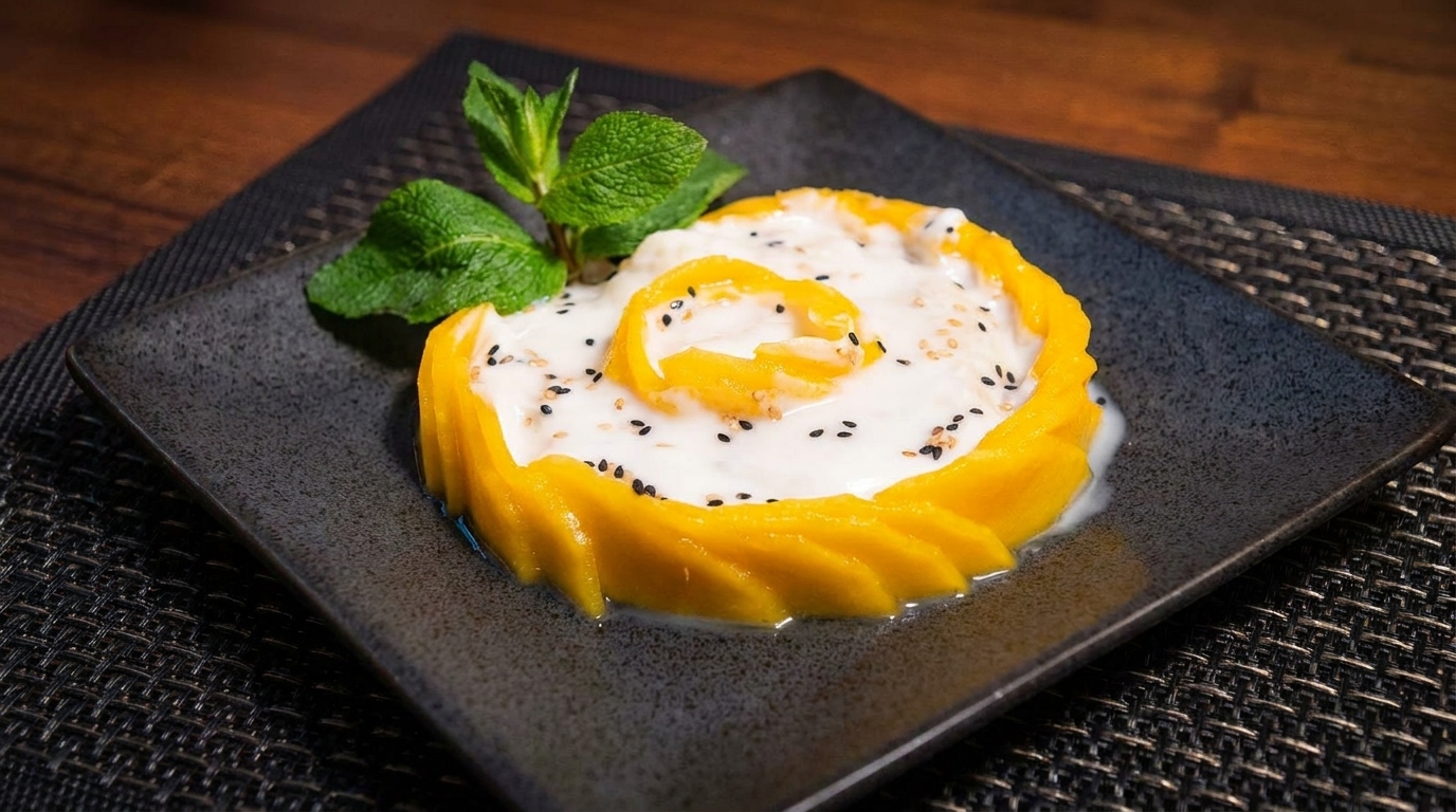 Mango sticky rice dessert with coconut milk, sesame seeds, and mint on a dark plate.