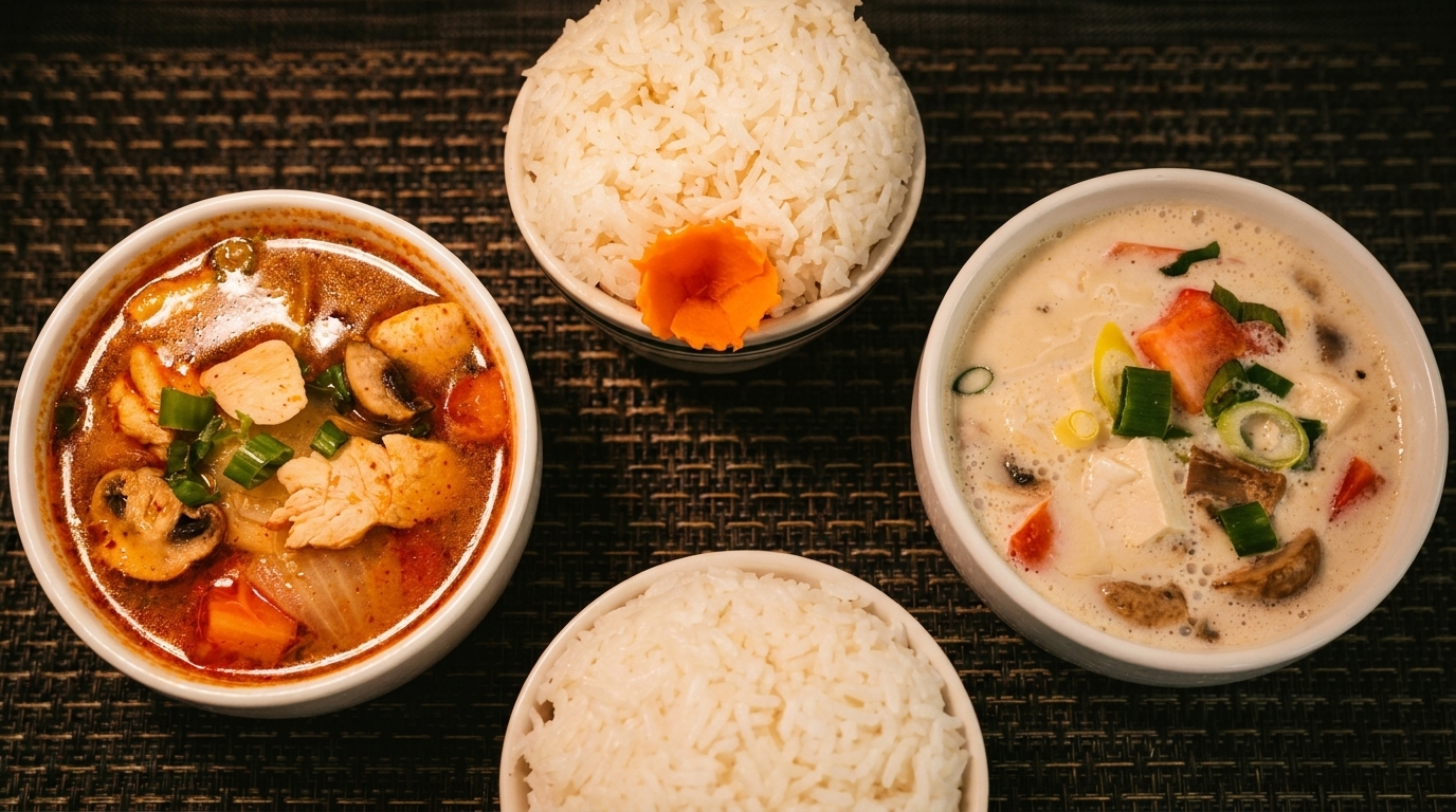 Two bowls of rice and two bowls of soup, one red and one white, on a dark placemat.