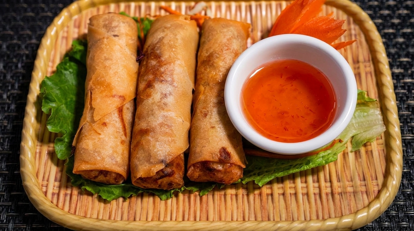 Three crispy spring rolls with lettuce and a side of sweet chili sauce on a woven tray.