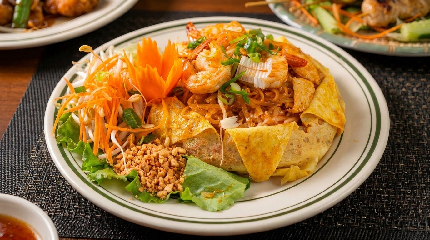 Shrimp Pad Thai with egg wrap, garnished with shredded carrots, bean sprouts, and crushed peanuts.