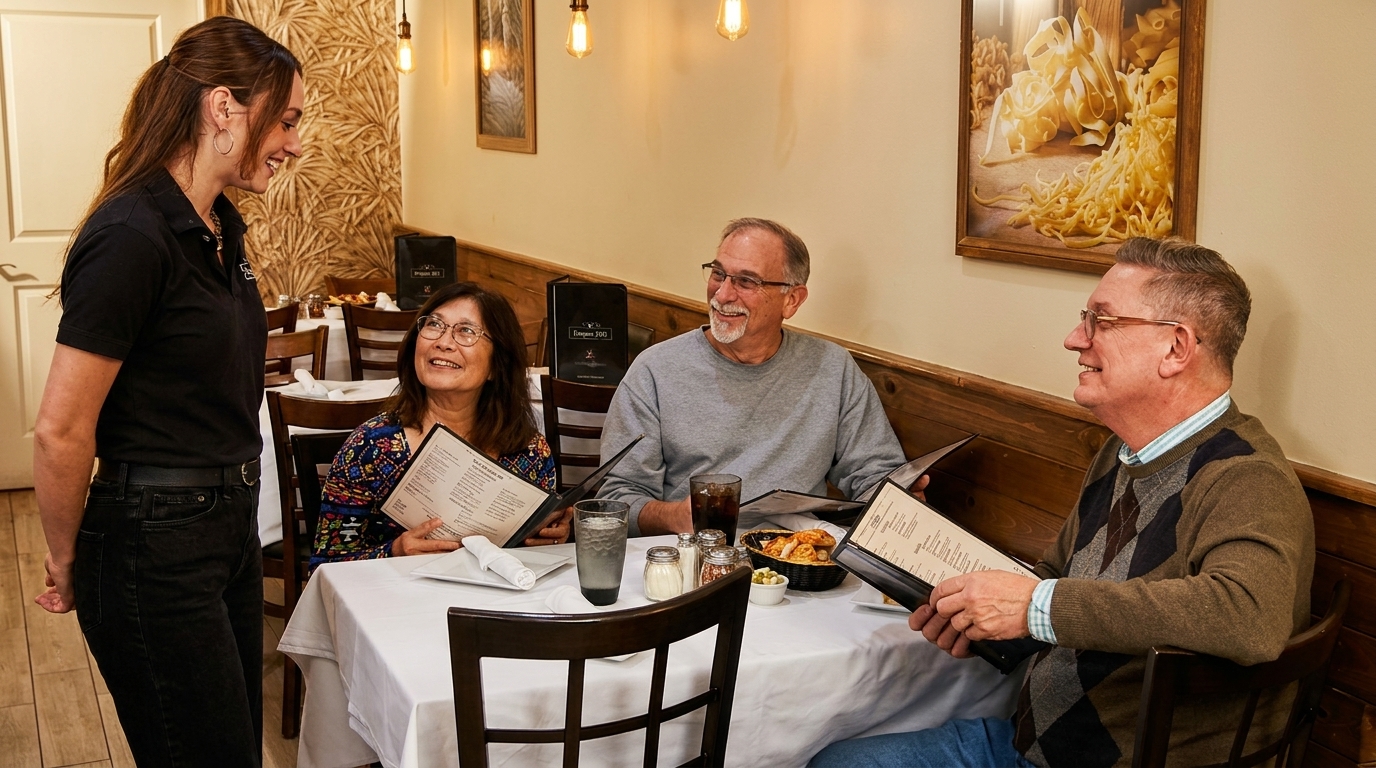 A server smiles at three happy customers looking at menus in a restaurant.