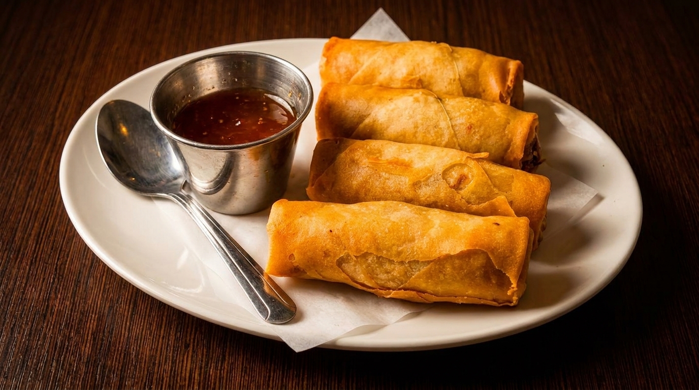 Four golden-brown spring rolls on a white plate with a side of dipping sauce and a spoon.