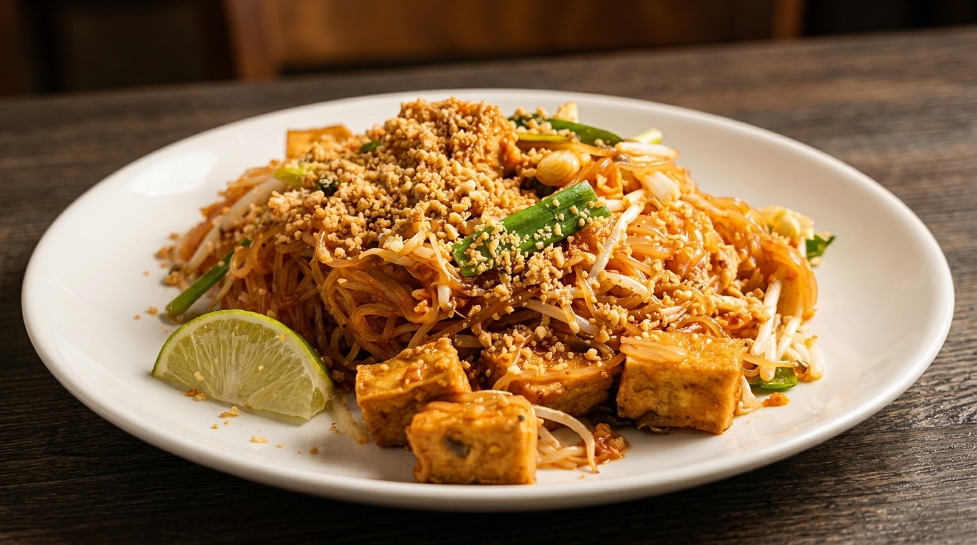 Pad Thai with rice noodles, tofu, bean sprouts, green onions, crushed peanuts, and a lime wedge.