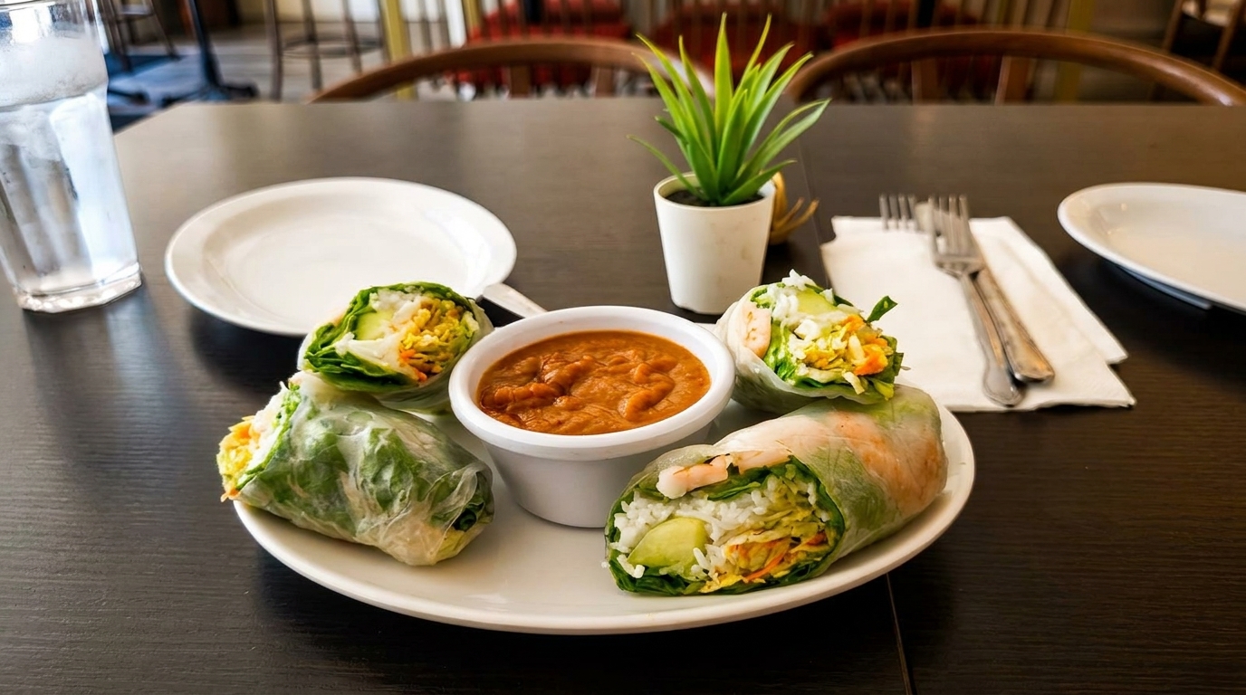 Four fresh spring rolls with peanut dipping sauce on a white plate at a restaurant.