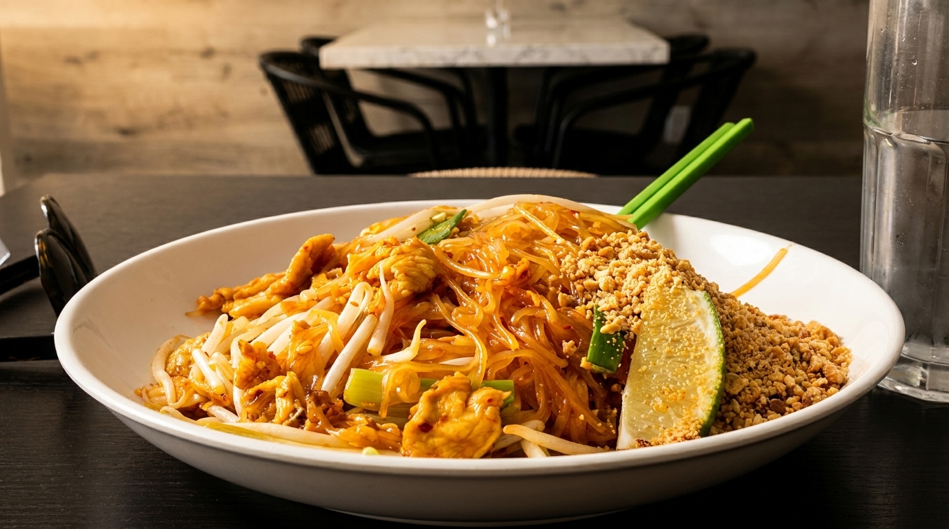 A white bowl of Pad Thai noodles with chicken, bean sprouts, lime, and crushed peanuts.