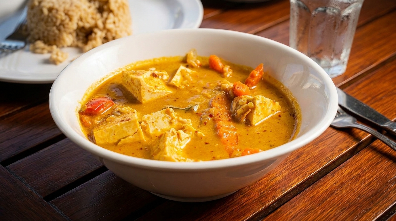 A bowl of yellow curry with tofu and vegetables, served with brown rice and water.