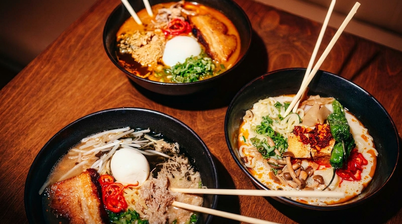 Three bowls of ramen with various toppings, including pork belly, egg, and vegetables, on a wooden table.