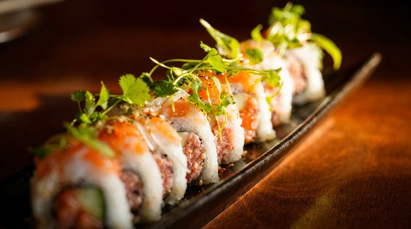A row of sushi rolls with pink fish, white rice, and green garnish on a dark plate.