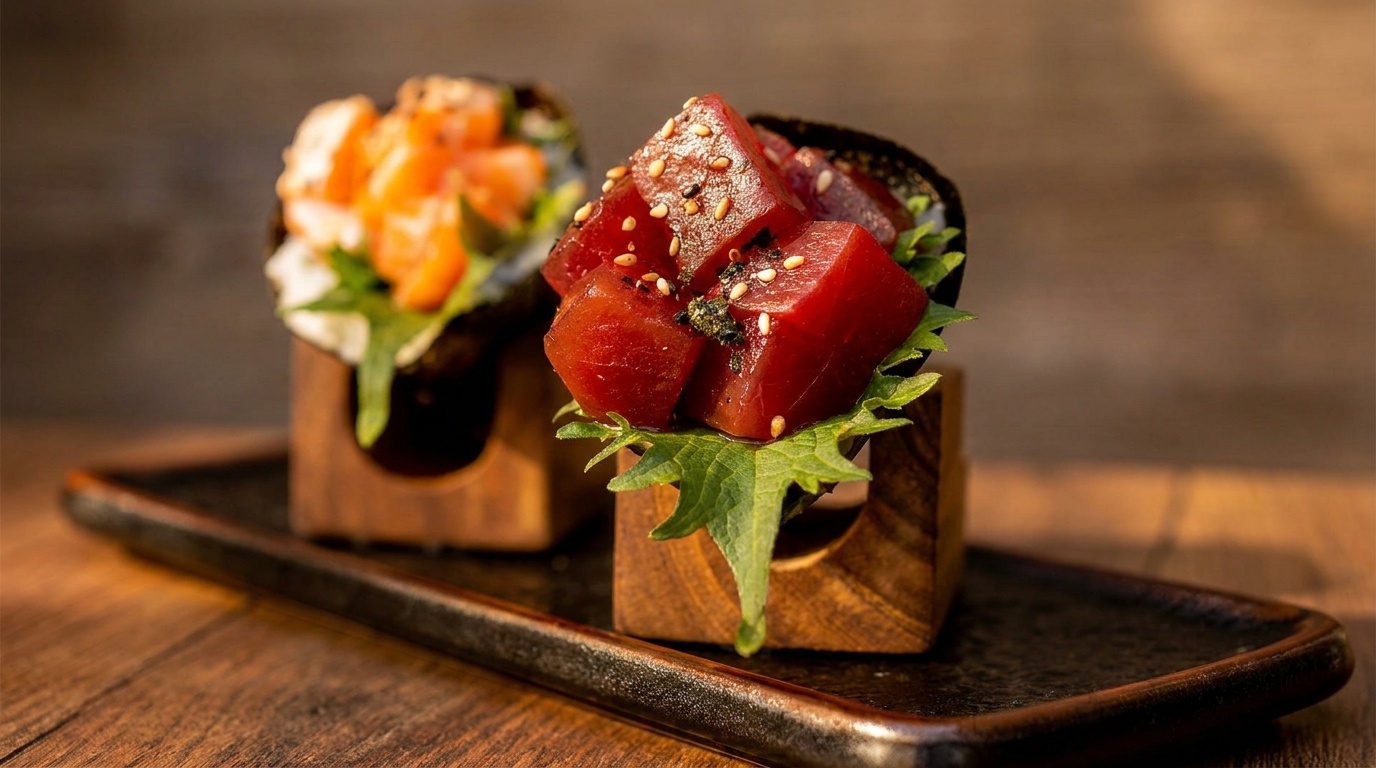 Two hand rolls, one with tuna and sesame seeds, the other with salmon, on a dark tray.