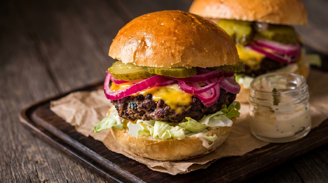 Two gourmet cheeseburgers with lettuce, red onion, pickles, and sauce on a wooden board.