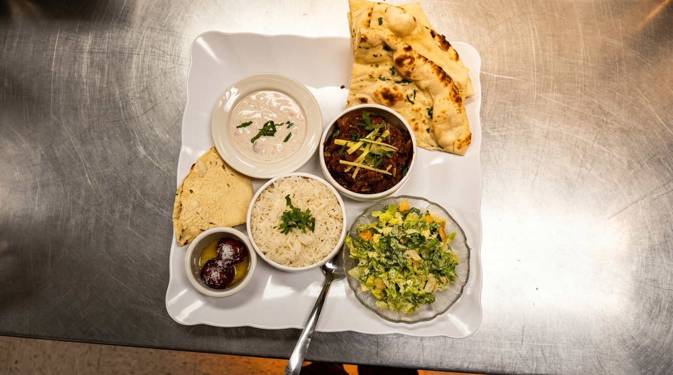 A white platter with Indian food including naan, rice, curry, raita, papadum, gulab jamun, and salad.