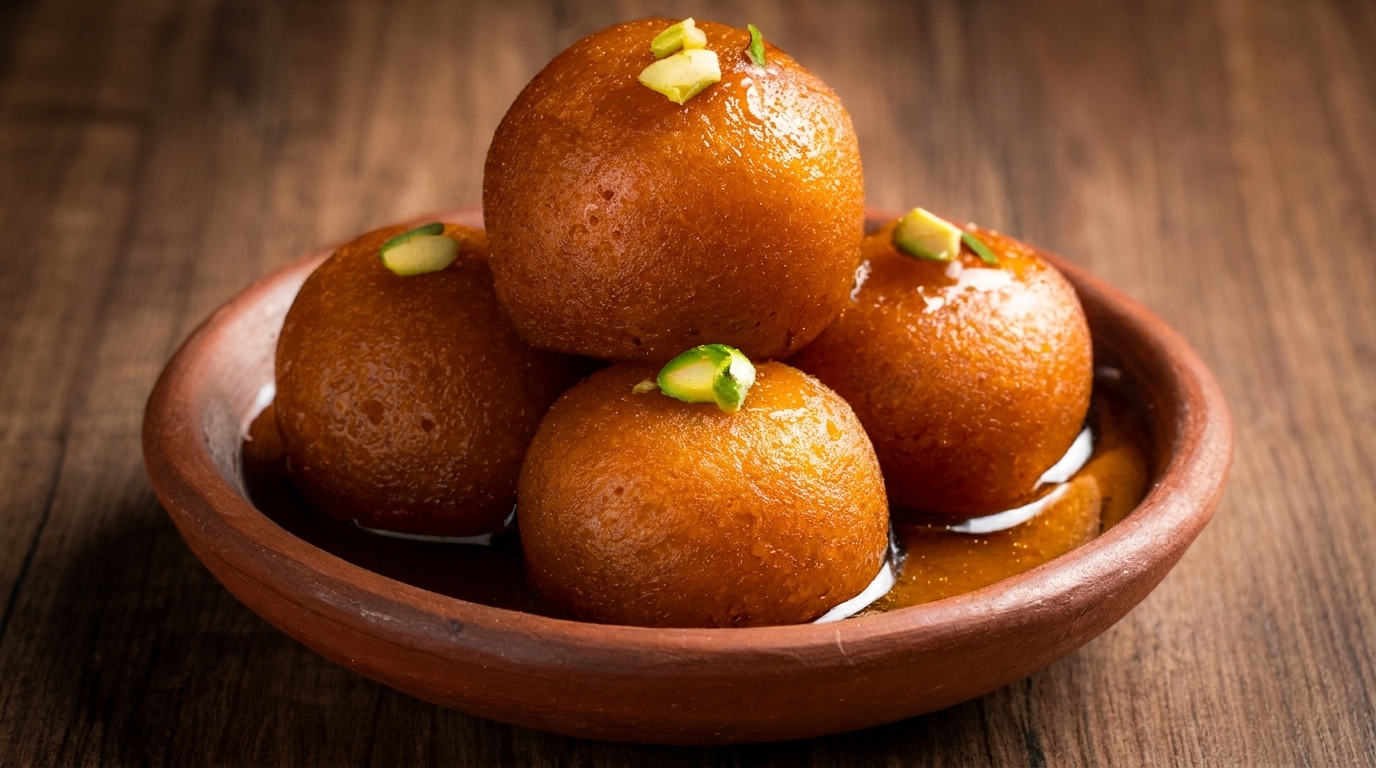 Four gulab jamun, garnished with pistachios, in a rustic brown bowl on a wooden surface.