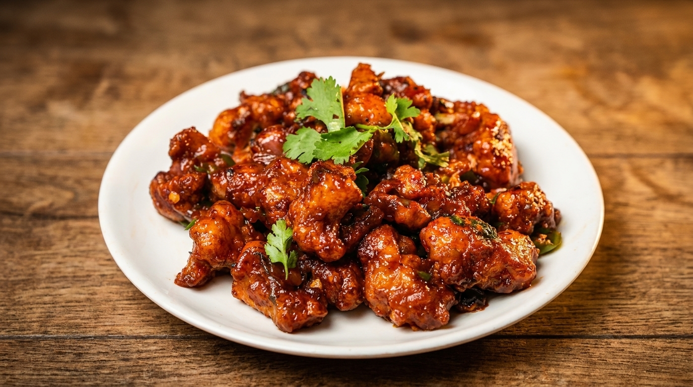Spicy orange chicken with cilantro garnish on a white plate, on a rustic wooden table.